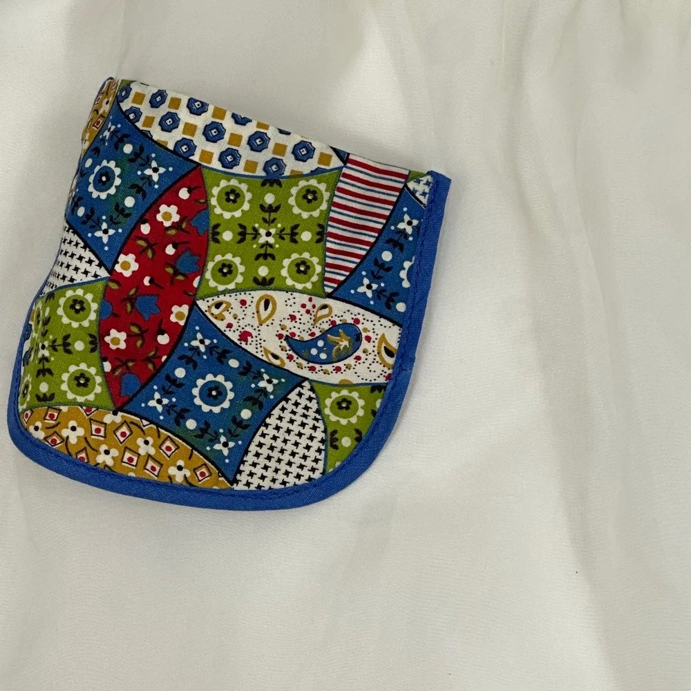 Vintage Sheer White Half‎ Apron Multi Color Geometric Patchwork Pocket Blue Trim